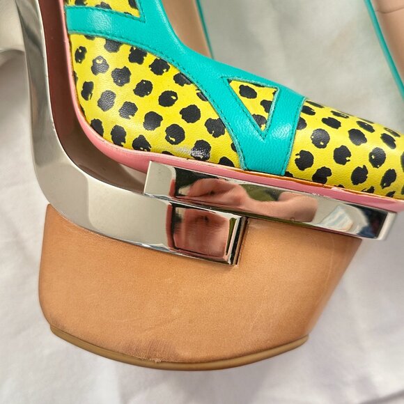 Versace 2010 Pois Print Pump - Yellow Teal Platform Metal Heels 39 - RARE - Picture 5 of 14